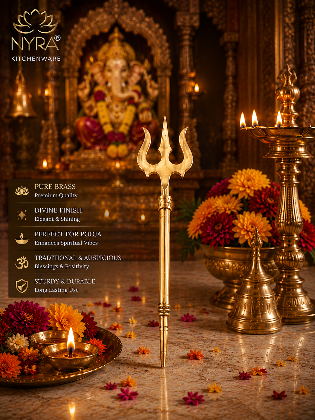 Pure Brass (Peetal) Trishul | Traditional Hindu Religious Symbol | Perfect for Home Temple, Pooja, and Festivals