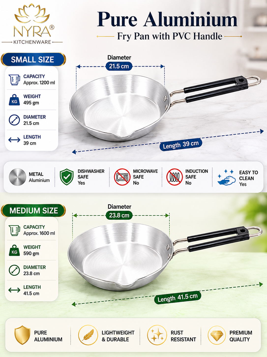 Nyra Aluminium Fry Pan with PVC Handle, showing small and medium sizes with dimensions and features.