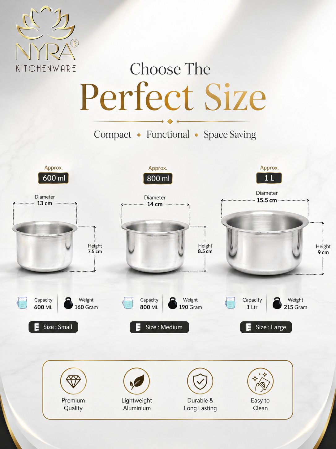 Nyra Kitchenware stainless steel pots with size comparison chart on a white background