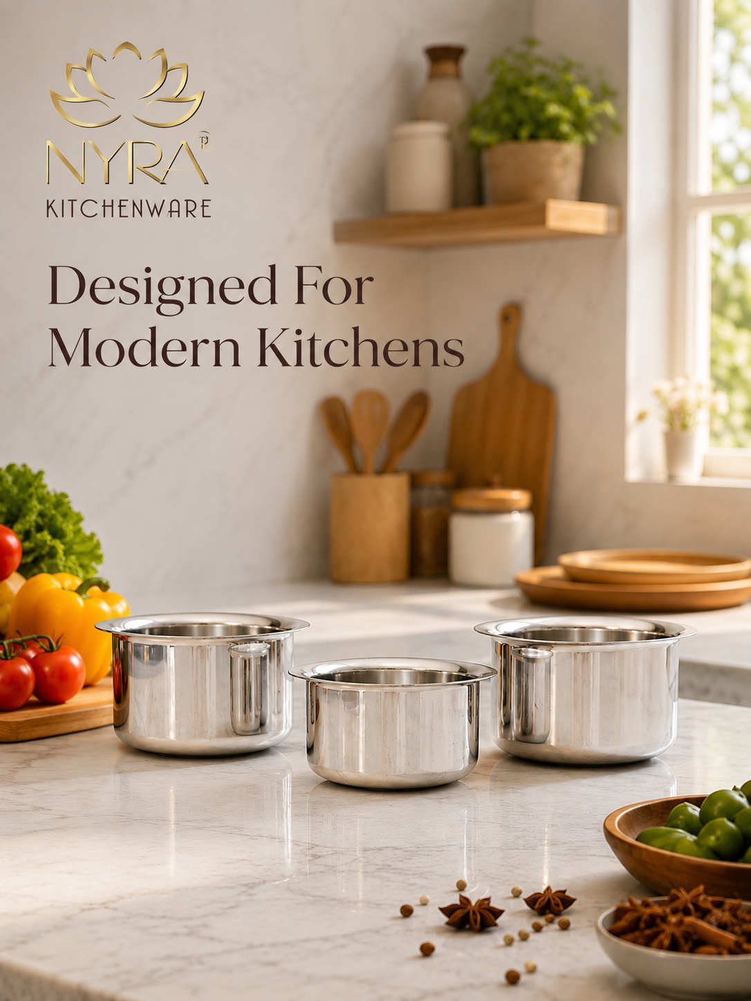 Nyra Kitchenware stainless steel pots on a kitchen counter with 'Designed For Modern Kitchens' text.