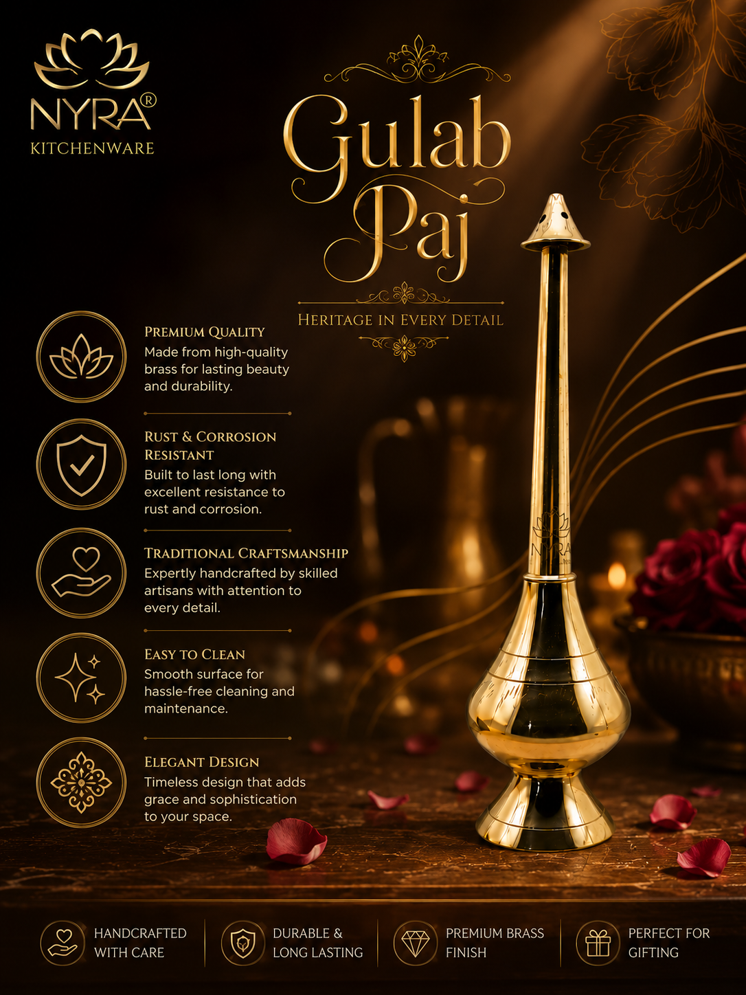 Brass/Peetal Sprinkler Bottle for Ganga Jal, Rose water and Perfume for Traditional Rituals