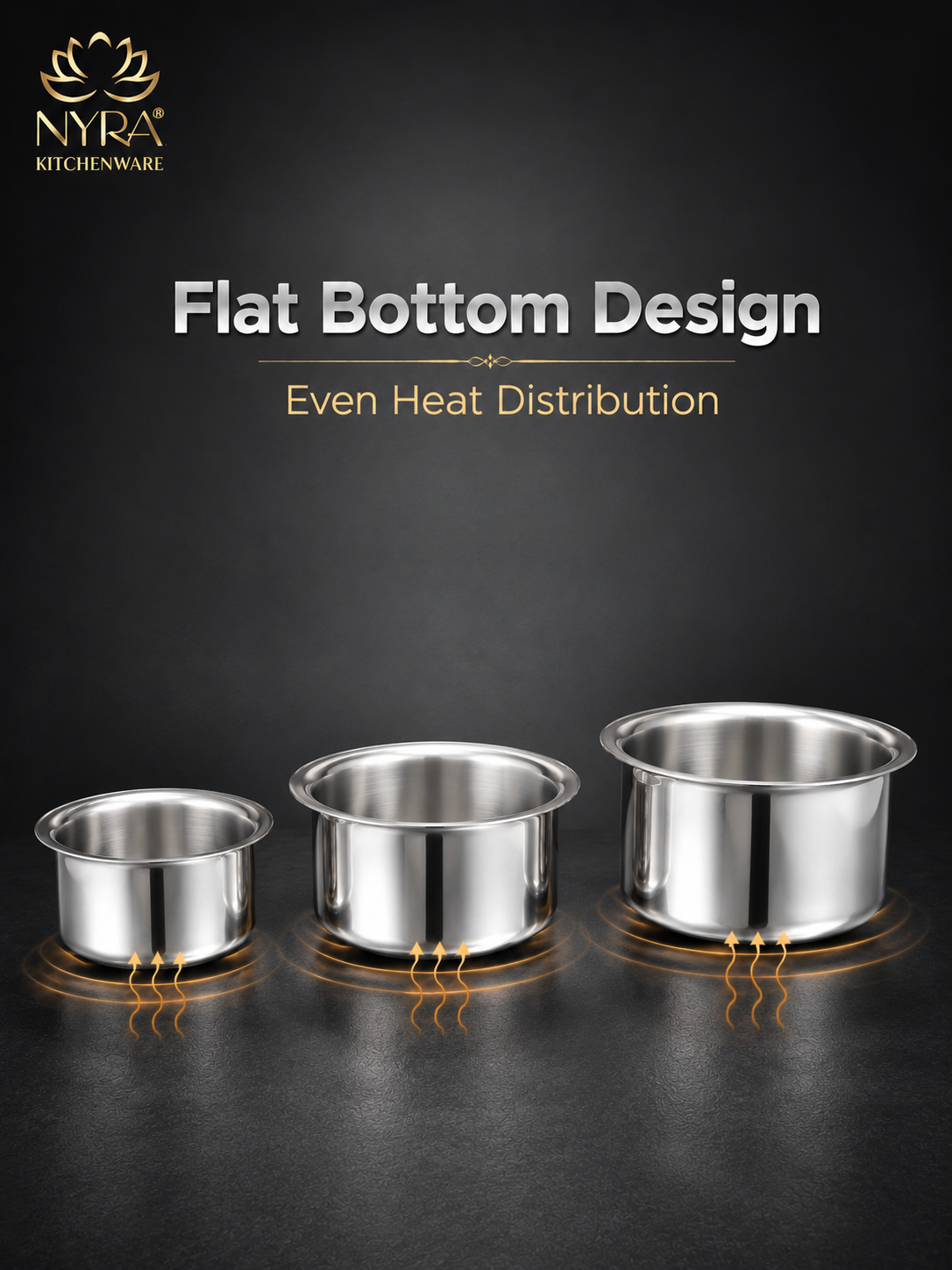 Three metallic cookware pots with a flat bottom design on a dark background, featuring the Nyra Kitchenware brand.