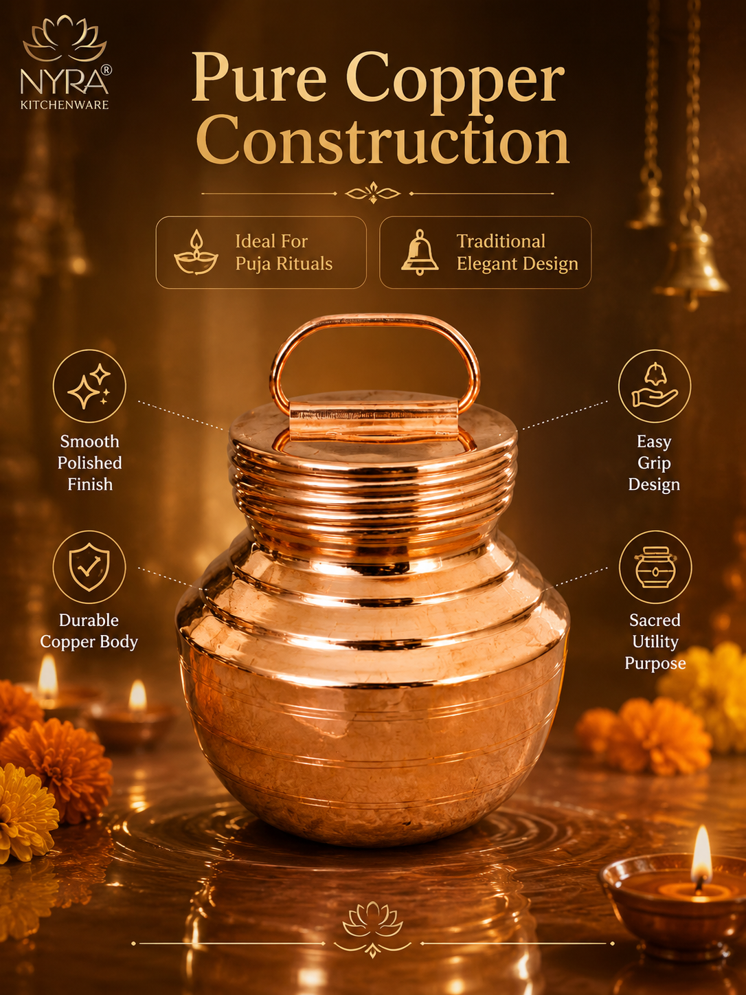 Pure Copper Gangajali with Lid: Kalash for Pooja & Ganga Jal