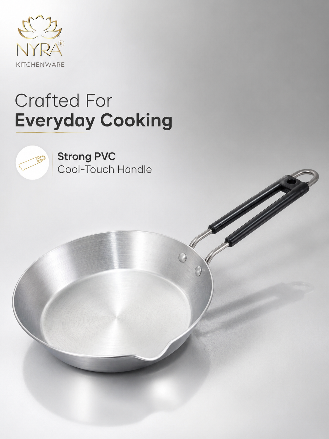 Nyra kitchenware frying pan with black handle on a light gray background