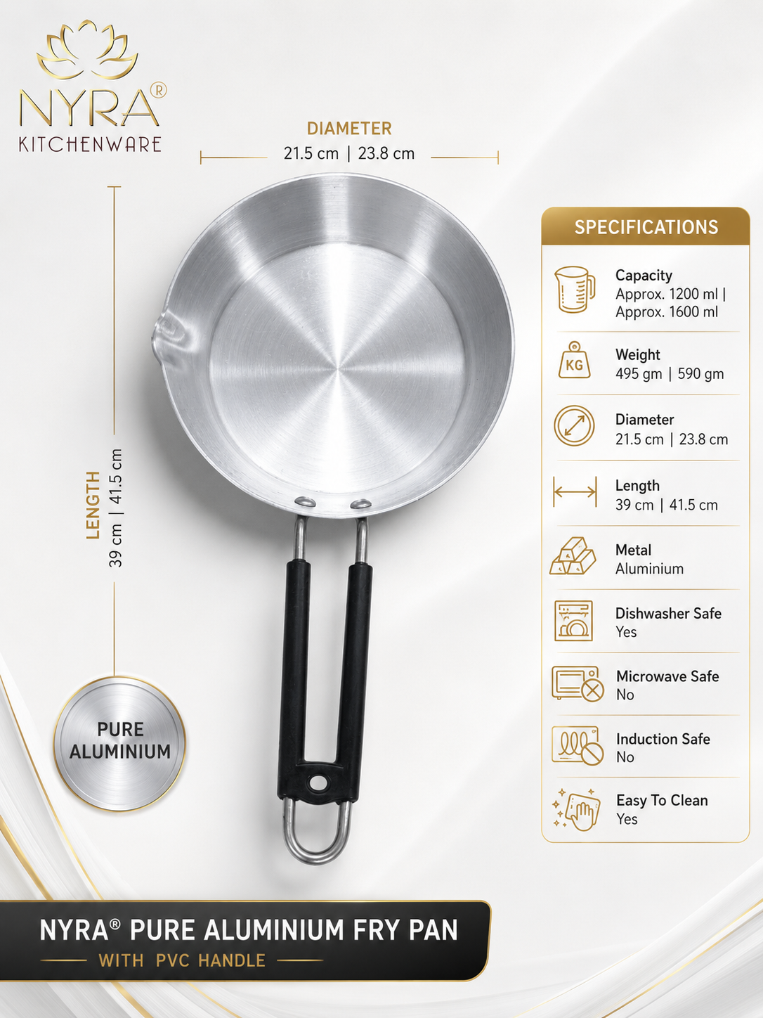Nyra pure aluminium fry pan with specifications on a white background