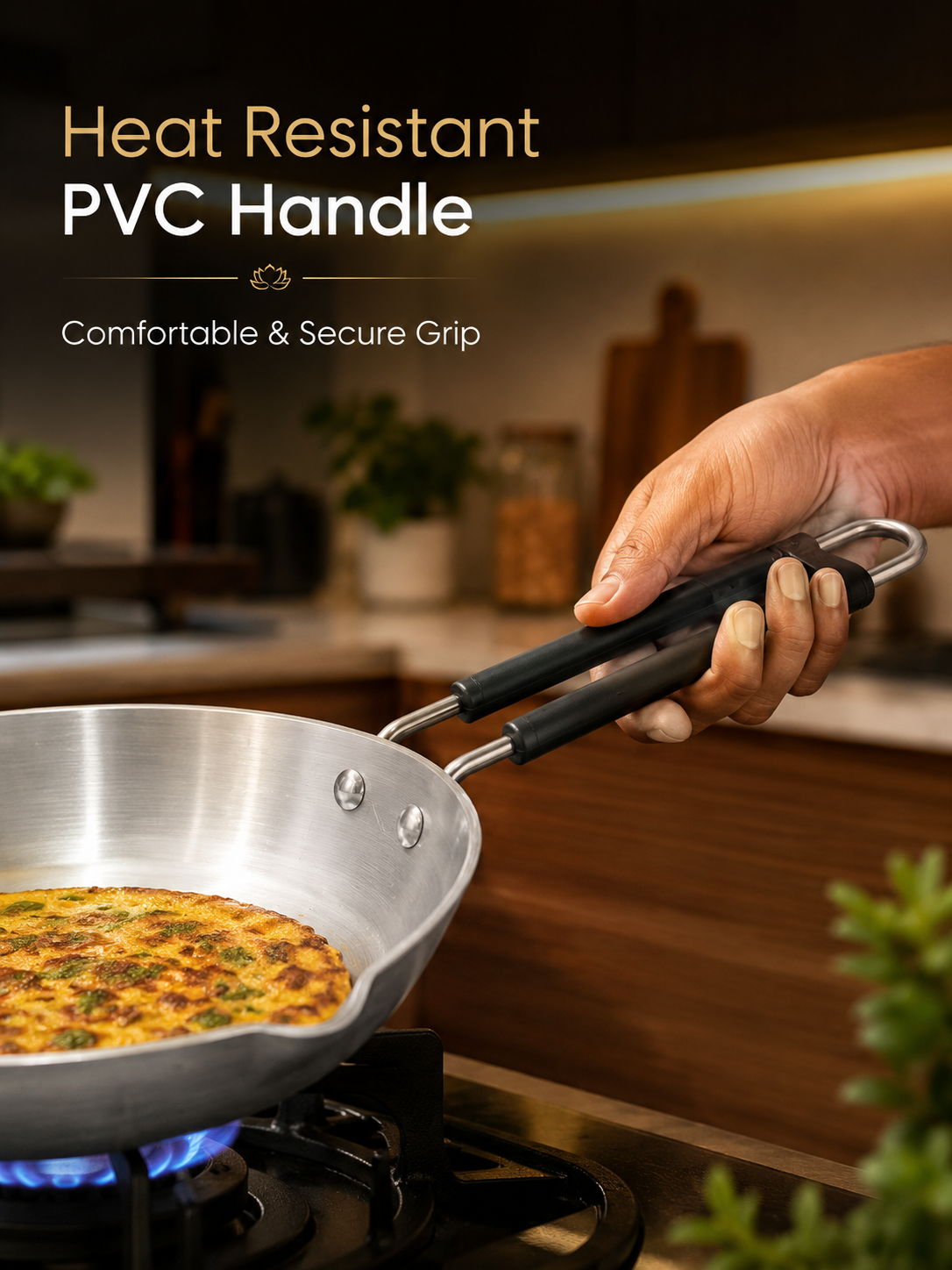Person holding a pan with a heat-resistant PVC handle in a kitchen setting