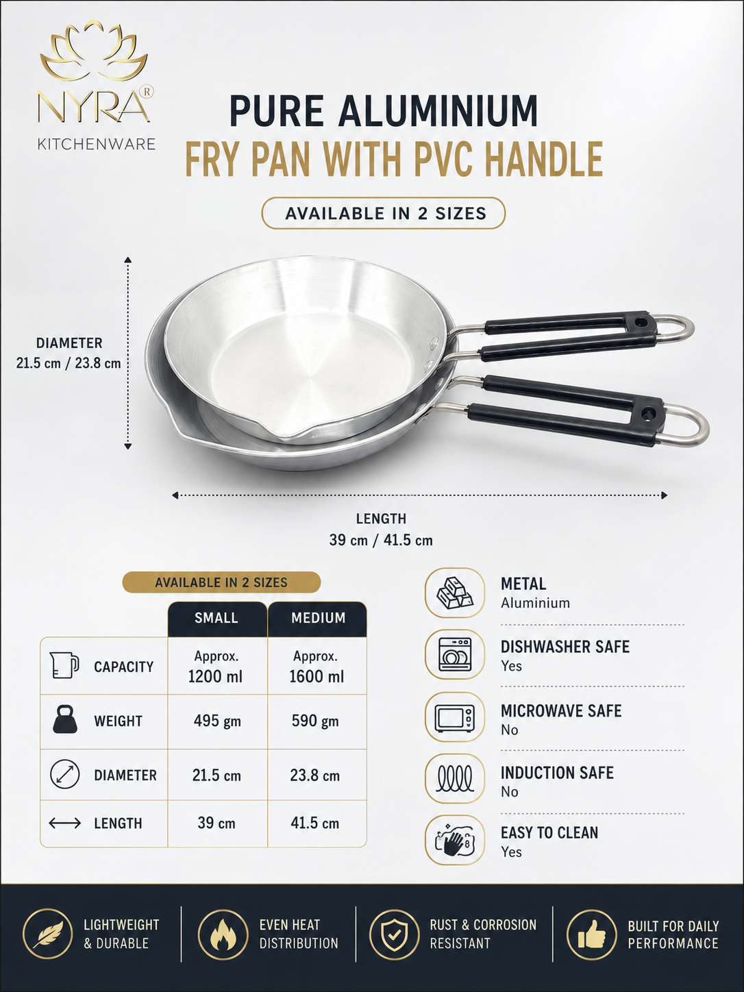 Nyra Kitchenware pure aluminium fry pan with PVC handle on a white background