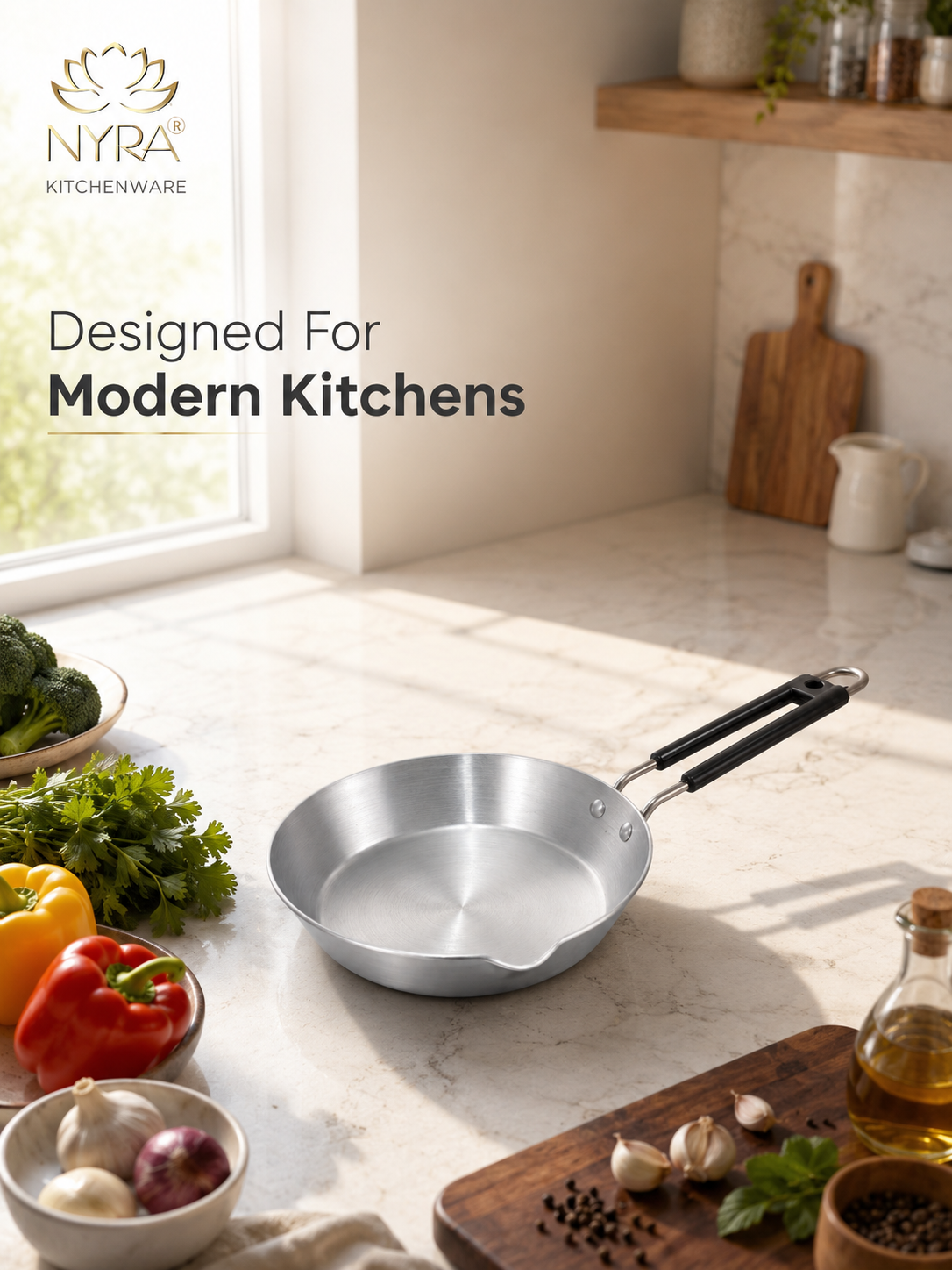 Silver frying pan on a kitchen counter with vegetables and Nyra Kitchenware branding.