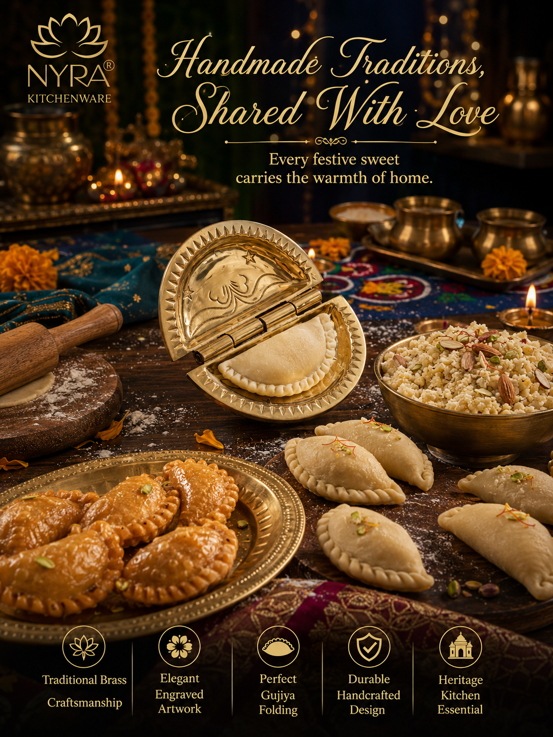 Pure Brass Gujiya / Karjikai Mould | Traditional Sacha Machine for Festive Sweets