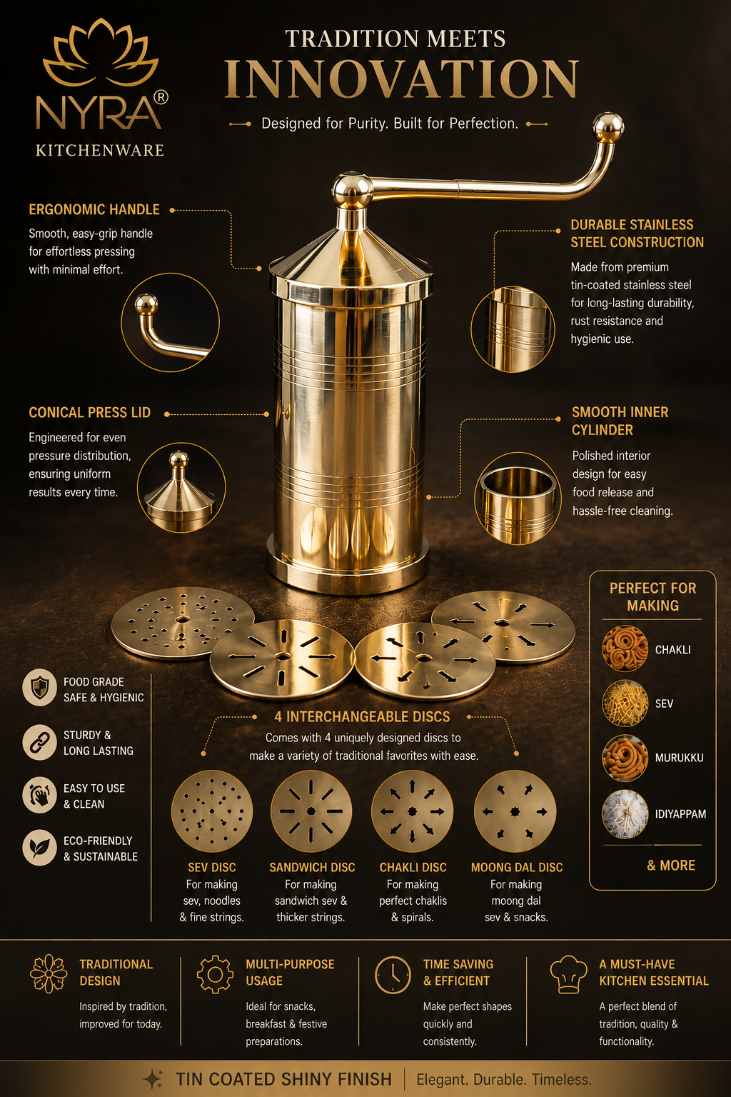An infographic poster for the NYRA Kitcheware Tradition Meets Innovation manual stone grinder. The central product is a polished brass-colored manual crank grinder with four interchangeable discs, shown with various labeled features and benefits on a dark brown textured background.
