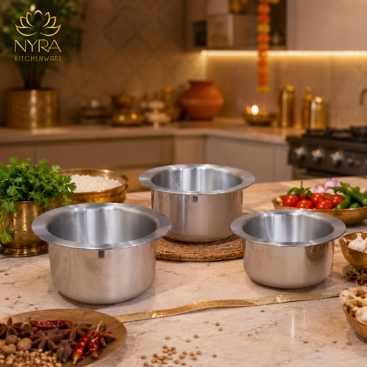 Three stainless steel bowls on a kitchen counter with Nyra Kitchenware logo.