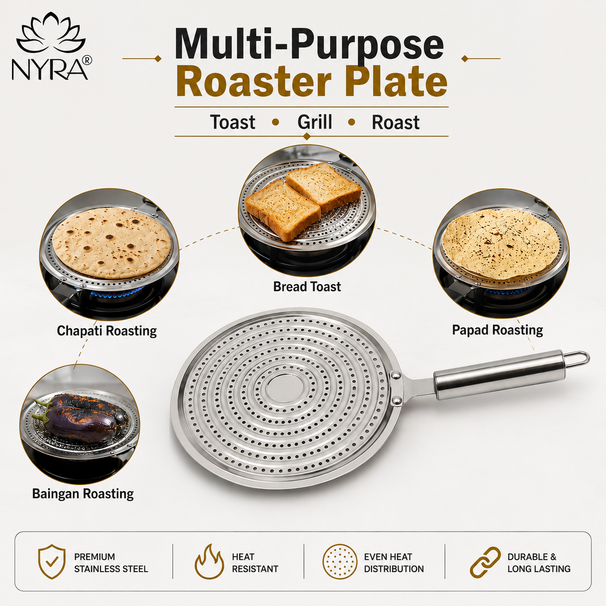 Stainless Steel Multi-Purpose Roaster Plate | Gas Stove Chapati & Toast Grill