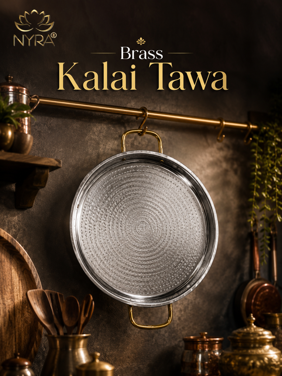 Pure Brass Kalai Tawa with Double Handle | Hammered Finish Brass Dosa Tawa | Food Grade Peetal Cooking Tawa