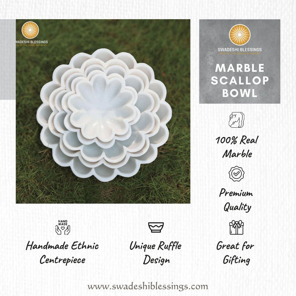 HandCrafted Marble Large Decorative Bowl | White Decorative Bowls for Home Decor | Ruffle Bowl | Scalloped Bowl | Fluted Bowl | Key/Fruit Bowl | Ring Dish | Organic Modern Home Decor Bowl | 6-12 Inches
