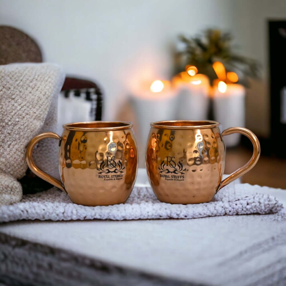 Sada 2 ručne vyrobených medených hrnčekov, klasické tepané hrnčeky Moscow Mule, masívne medené hrnčeky bez podšívky, hmotnosť: 350 gramov