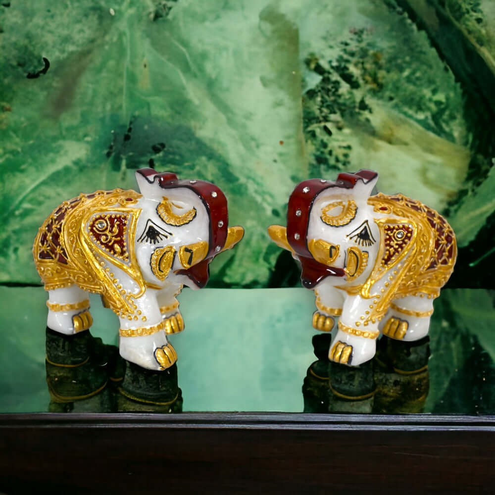 Set de 2 statuete elefant din marmură – pentru casă, living și decor masă – (10 cm – înălțime)