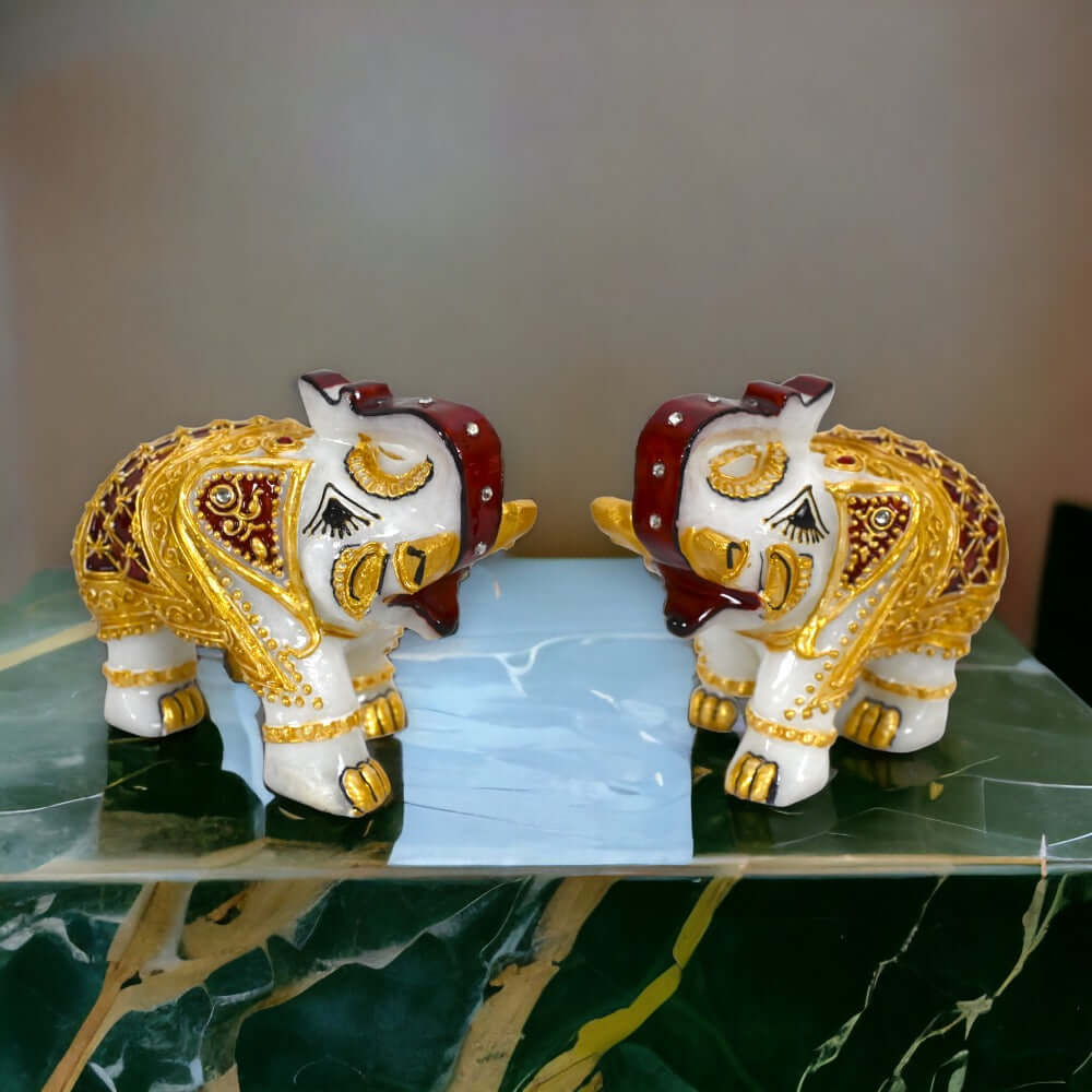 Set de 2 statuete elefant din marmură – pentru casă, living și decor masă – (10 cm – înălțime)