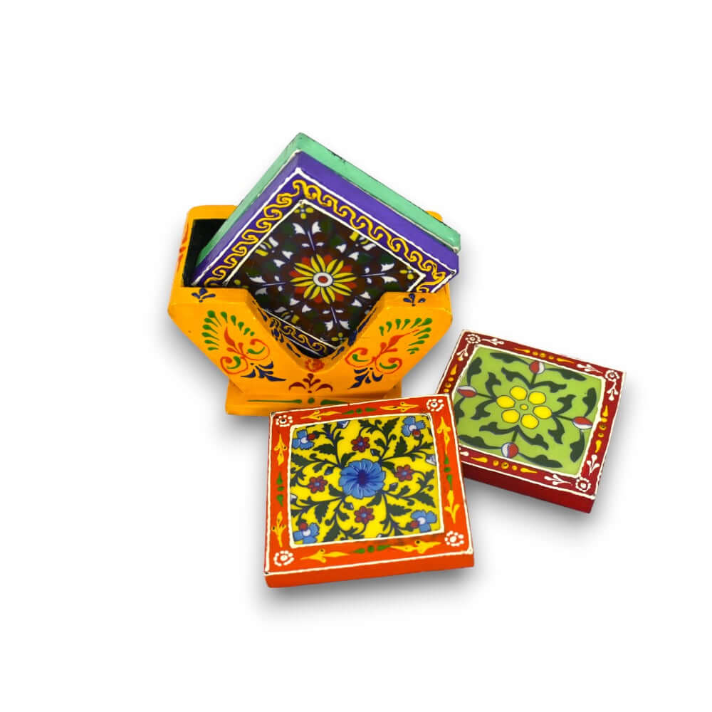 Set de 4 suporturi de pahare din lemn MDF pictate manual, cu design tradițional și un suport frumos, pentru cadouri corporate sau pentru acasă, Dimensiune: 8,9 cm fiecare