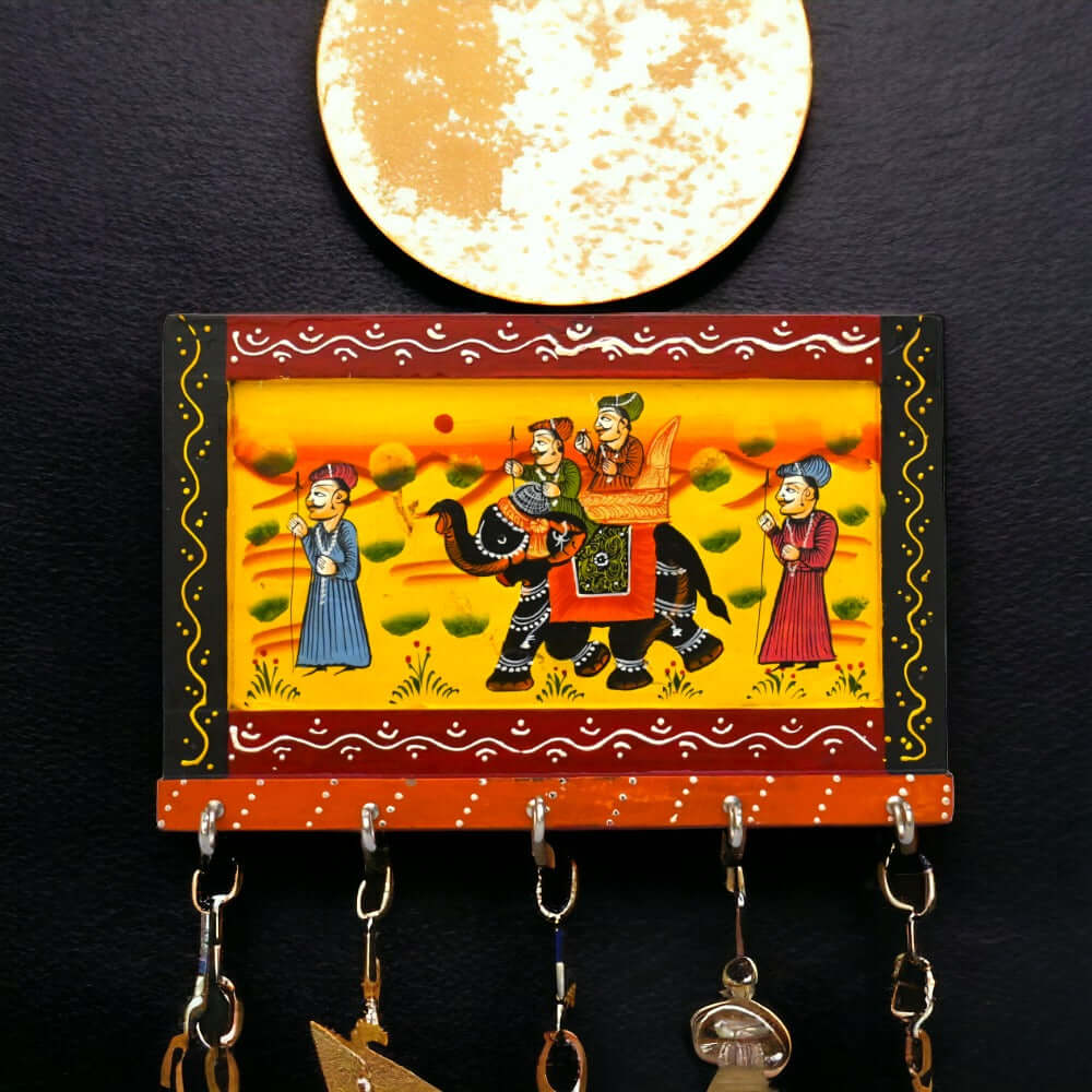 Suport de chei de perete pictat manual și cuier din lemn cu artă Rajasthani pentru chei (Mediu)