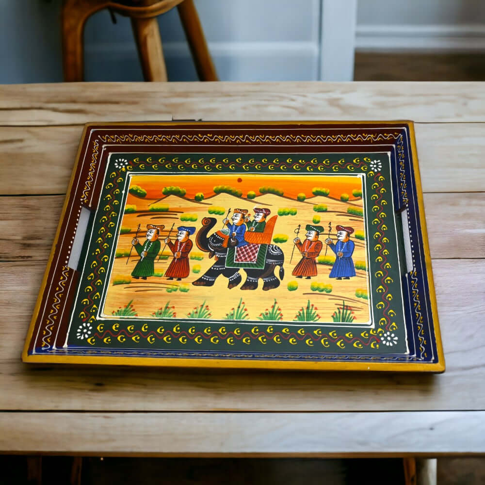 Tavă de servire, set de 3, din lemn de mango, pictură Rajasthani, dimensiuni 15″, 14″, 13″