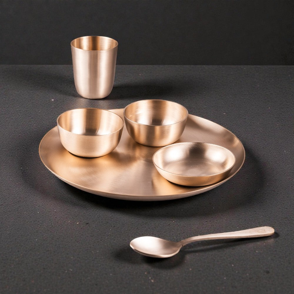 ROYALSTUFFS 11.8 Inch Matt Finish Kansa Bhojan Set Traditional Indian Dining Kit with Thali, Glass, Wati, Sweet Dish & Spoon - Ayurvedic Kansa Dinner Set of 6