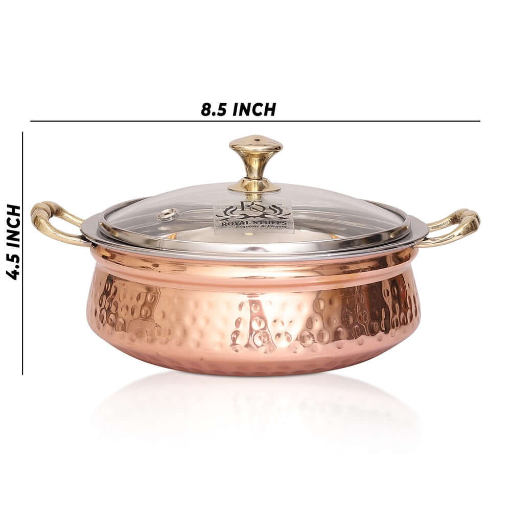 780 ML Steel Copper Hammered Design Handi/Bowl/Casserole with Toughened Glass Lid