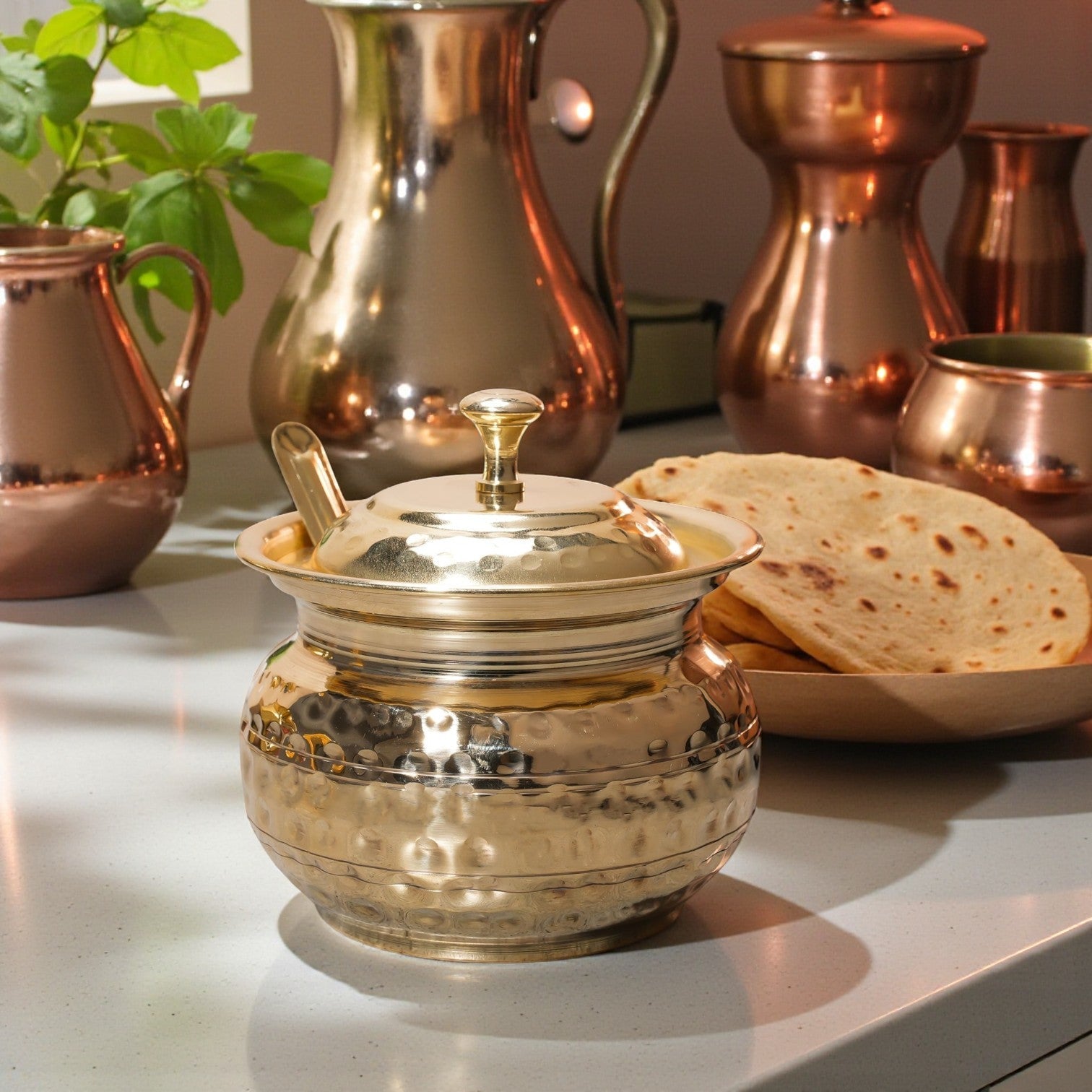 Golden Antique Hammered Brass Ghee Pot with Lid & Spoon | RoyalStuffs