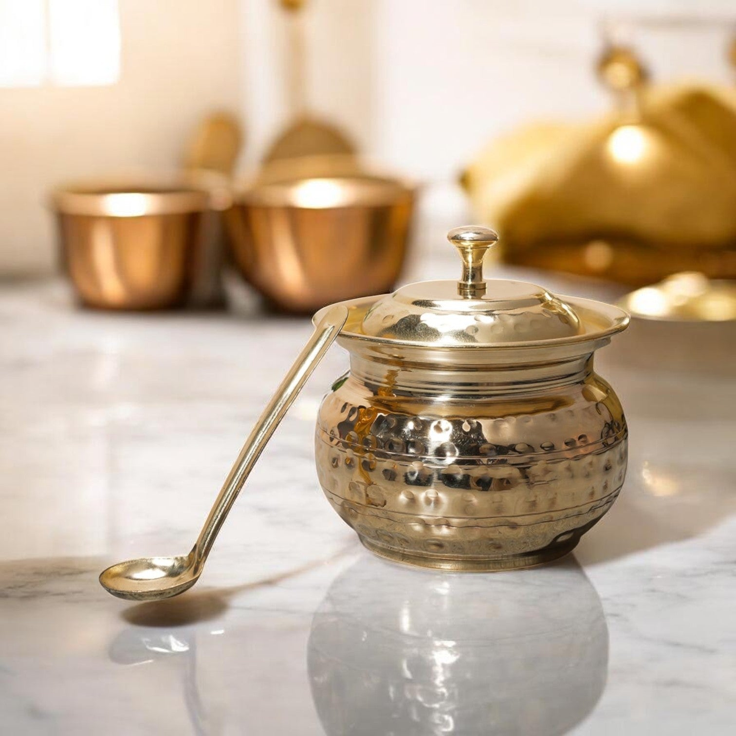 Golden Antique Hammered Brass Ghee Pot with Lid & Spoon | RoyalStuffs