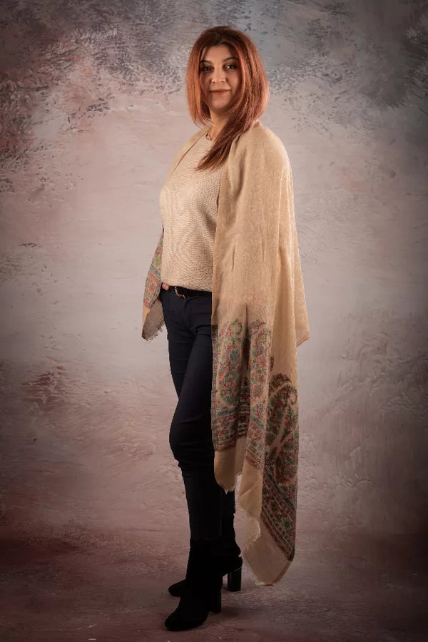 Esarfa-sal din lana pashmina bej cu broderie fina