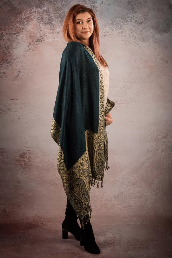 Esarfa Casmir reversibila Paisley India, verde inchis-bej