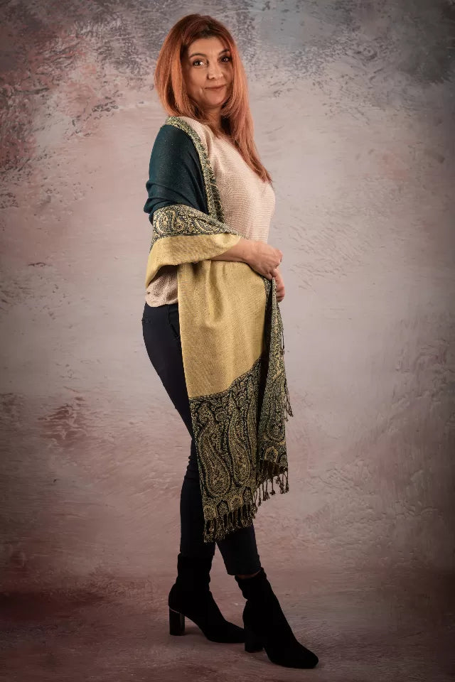 Esarfa Casmir reversibila Paisley India, verde inchis-bej