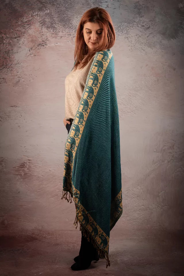 Esarfa Casmir reversibila Paisley India, verde smarald-bej