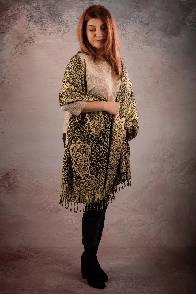 Esarfa Casmir Reversibila Paisley-floral India, negru-bej