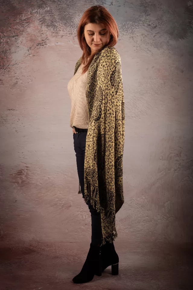 Esarfa Casmir Reversibila Paisley-floral India, negru-bej