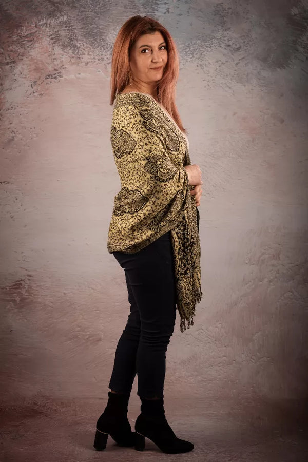 Esarfa Casmir Reversibila Paisley-floral India, negru-bej