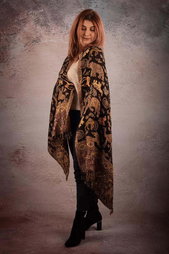 Esarfa Casmir reversibila Paisley si elefanti India, maro-bej