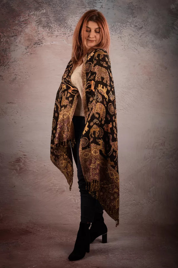 Esarfa Casmir reversibila Paisley si elefanti India, maro-bej