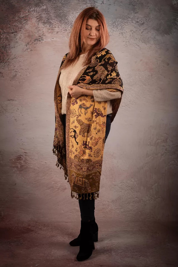 Esarfa Casmir reversibila Paisley si elefanti India, maro-bej