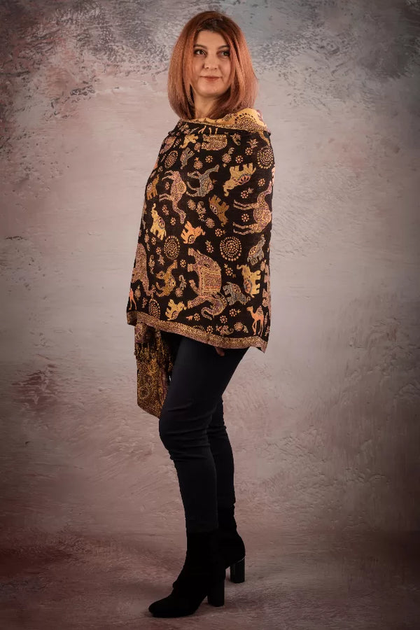 Esarfa Casmir reversibila Paisley si elefanti India, maro-bej