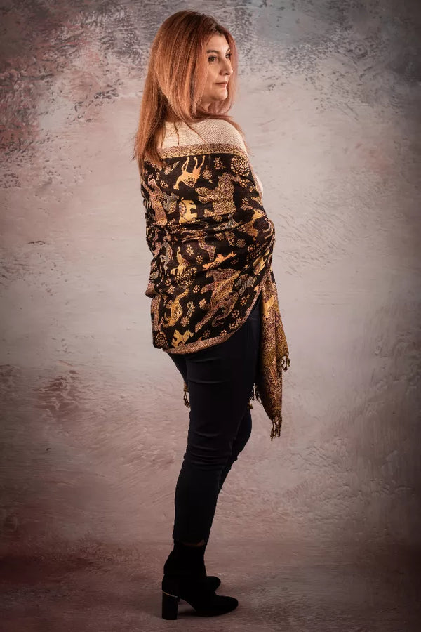 Esarfa Casmir reversibila Paisley si elefanti India, maro-bej