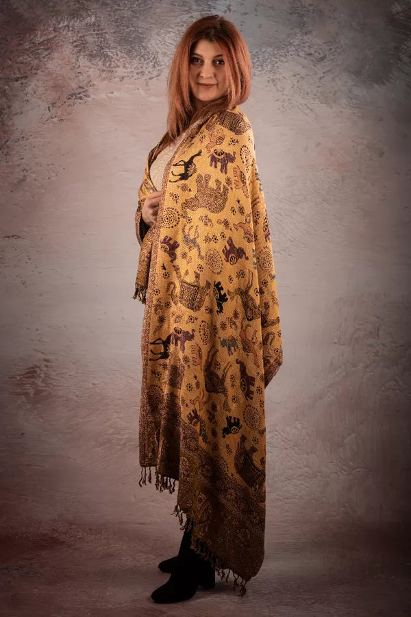 Esarfa Casmir reversibila Paisley si elefanti India, maro-bej