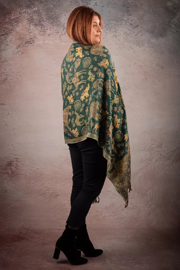 Esarfa Casmir reversibila Paisley si elefanti India, verde-bej