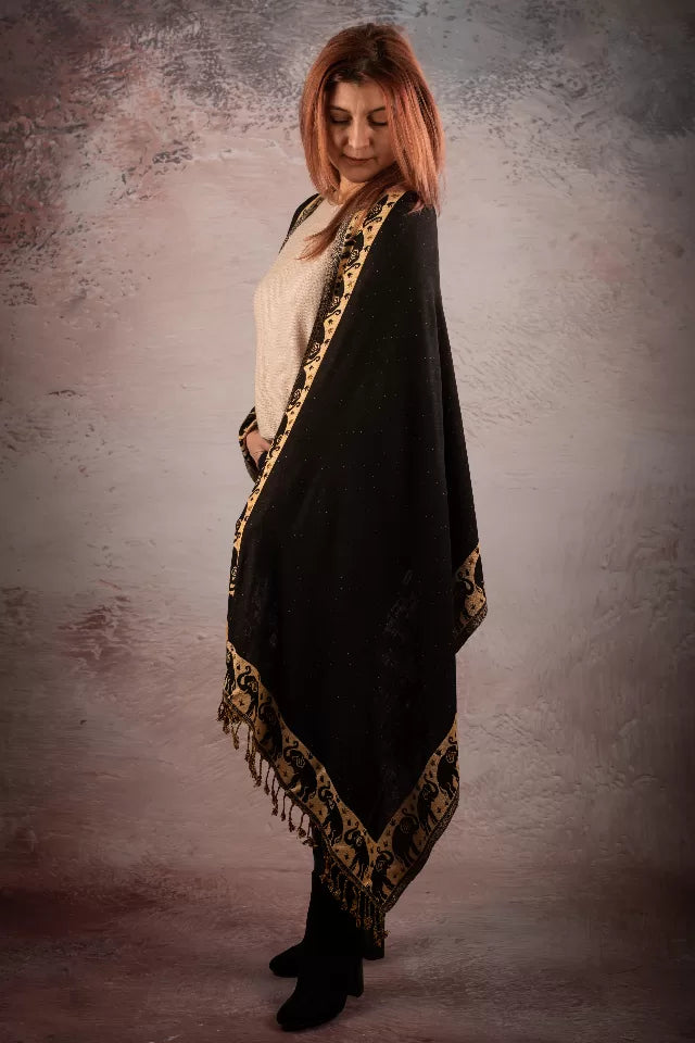 Esarfa Casmir reversibila elefanti India, negru-bej