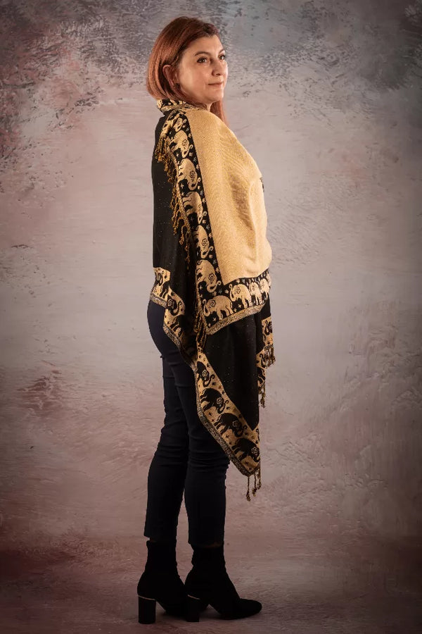 Esarfa Casmir reversibila elefanti India, negru-bej