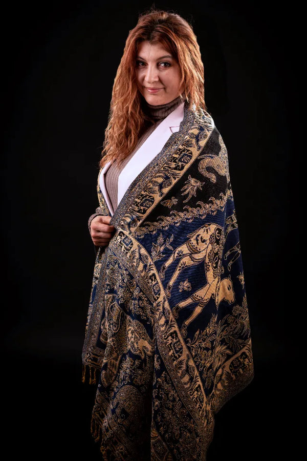 Esarfa de casmir bej-blumarin cu motive traditional indian floral si paisley