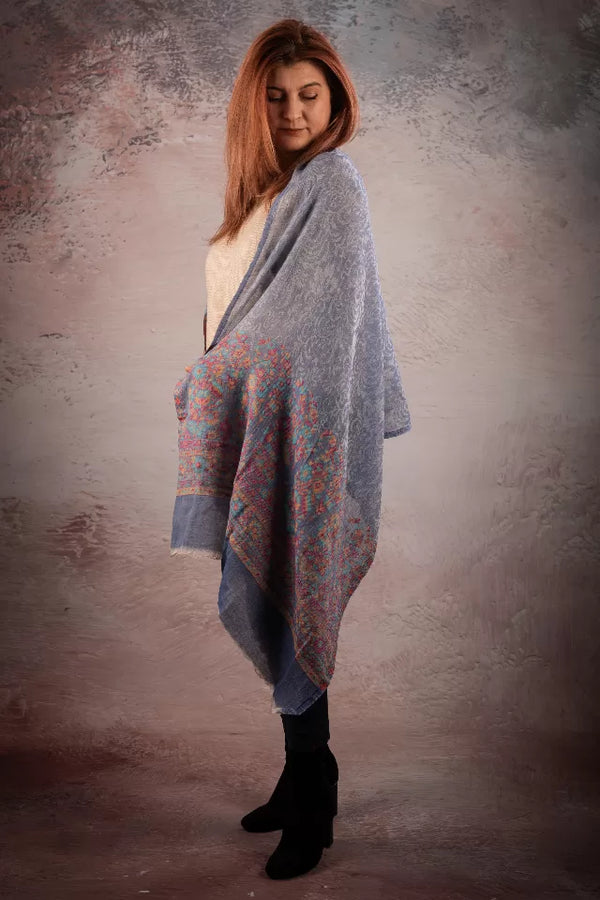 Esarfa-sal din lana pashmina bleo cu broderie fina