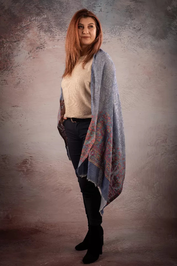 Esarfa-sal din lana pashmina bleo cu broderie fina