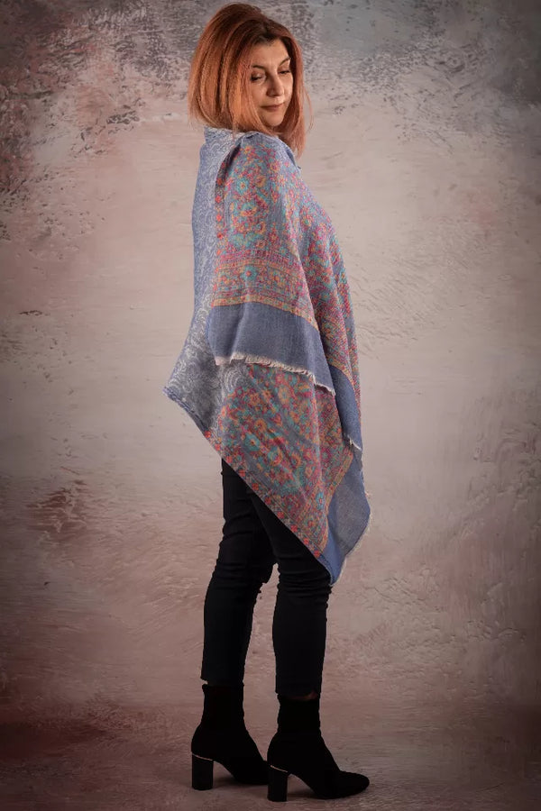 Esarfa-sal din lana pashmina bleo cu broderie fina
