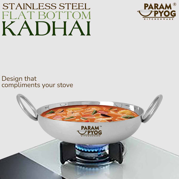 Stainless Steel Flat Bottom Kadhai 2 Liters
