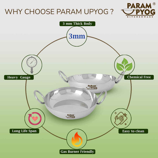 Stainless Steel Flat Bottom Kadhai 3.5 Liters